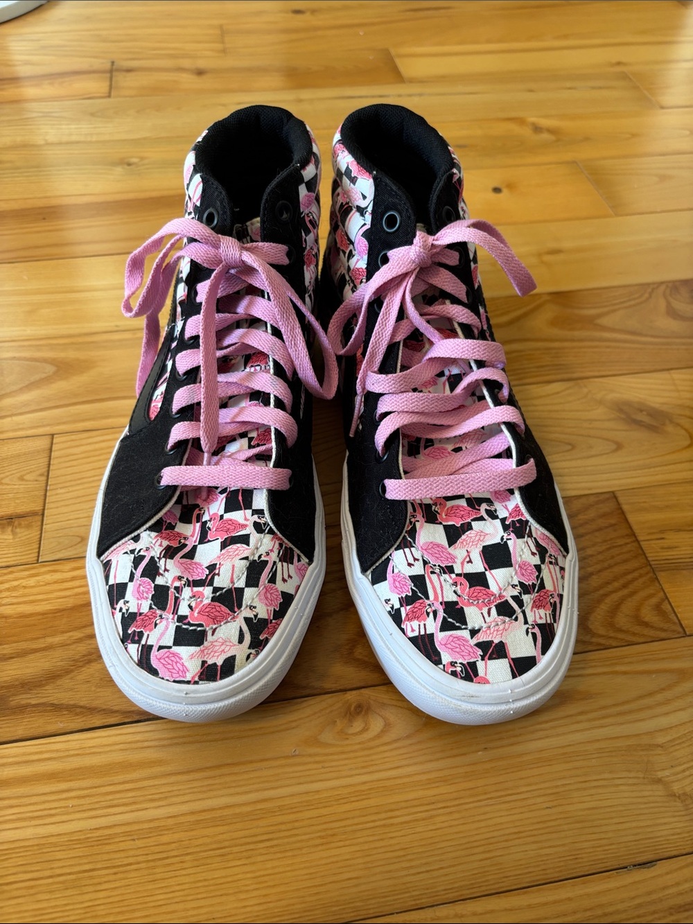 Vans High-Top Sneakers in Black and Pink Flamingo Print Custom Made 10 Women